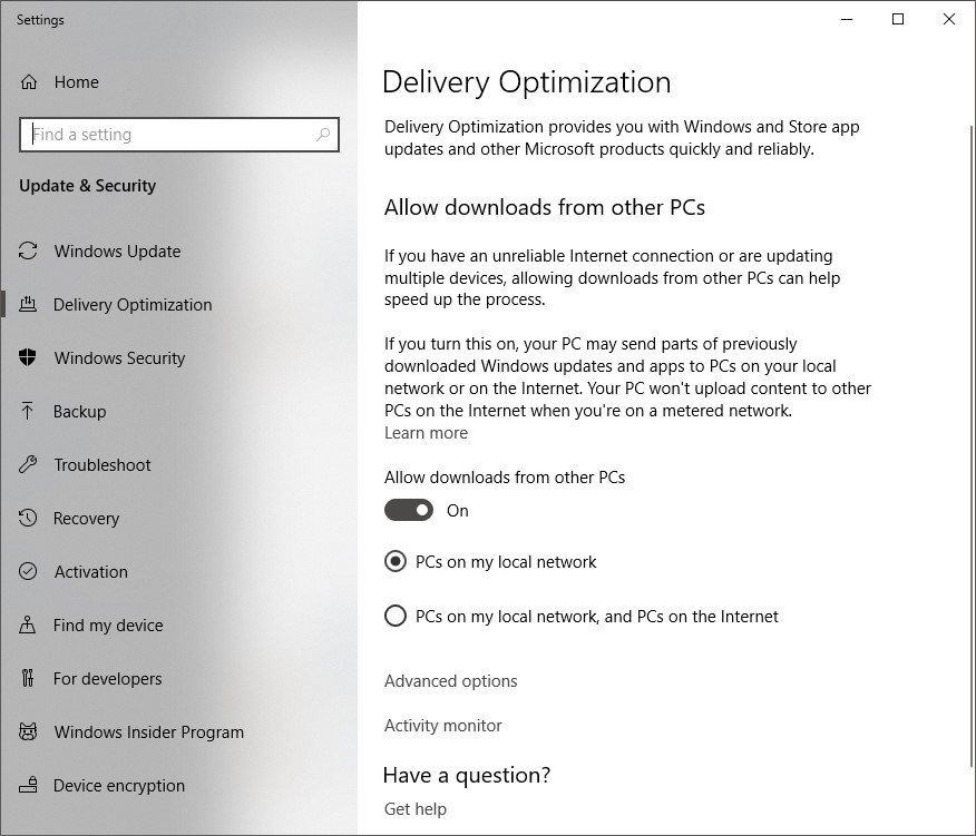 Delivery Optimization settings in Settings App